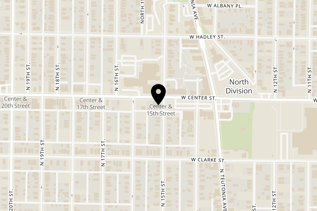 Map showing the location of Ashley's Bar-B-Que on 1501 W Center St in Milwaukee